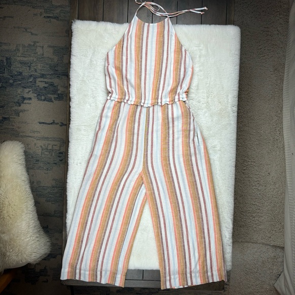 Anthropologie Cloth & Stone Halter Linen Blend Striped Jumpsuit Romper Sz Small - Picture 3 of 13